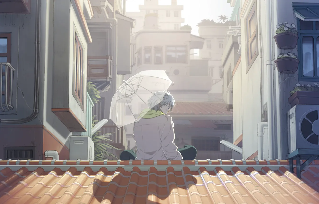 Фото обои город, зонт, шарф, крыши, парень, сидит, солнечный день, Clear
