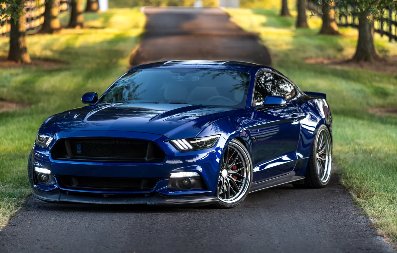 Фото обои Mustang, Ford, Blue, 5.0, LED lights