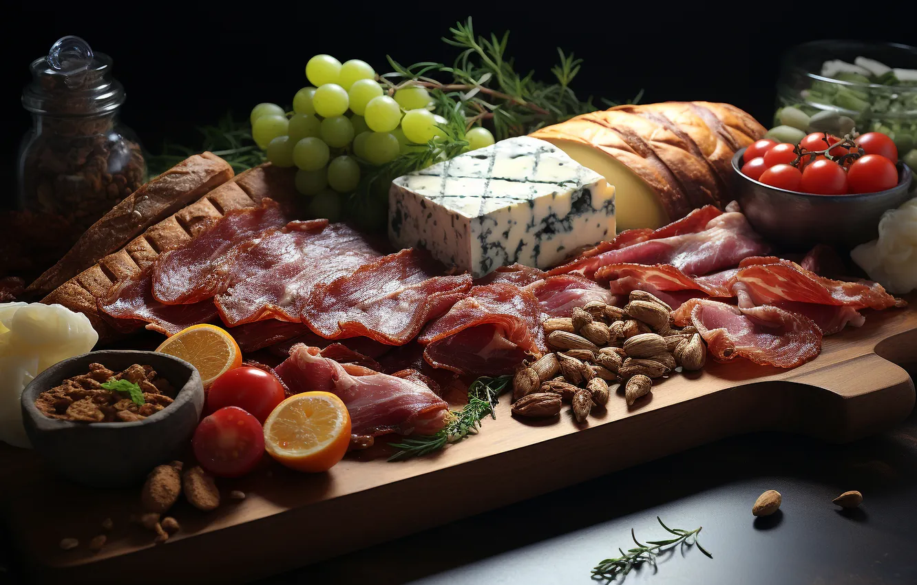 Фото обои сыр, виноград, мясо, ИИ-арт, НЕЙРОСЕТЬ