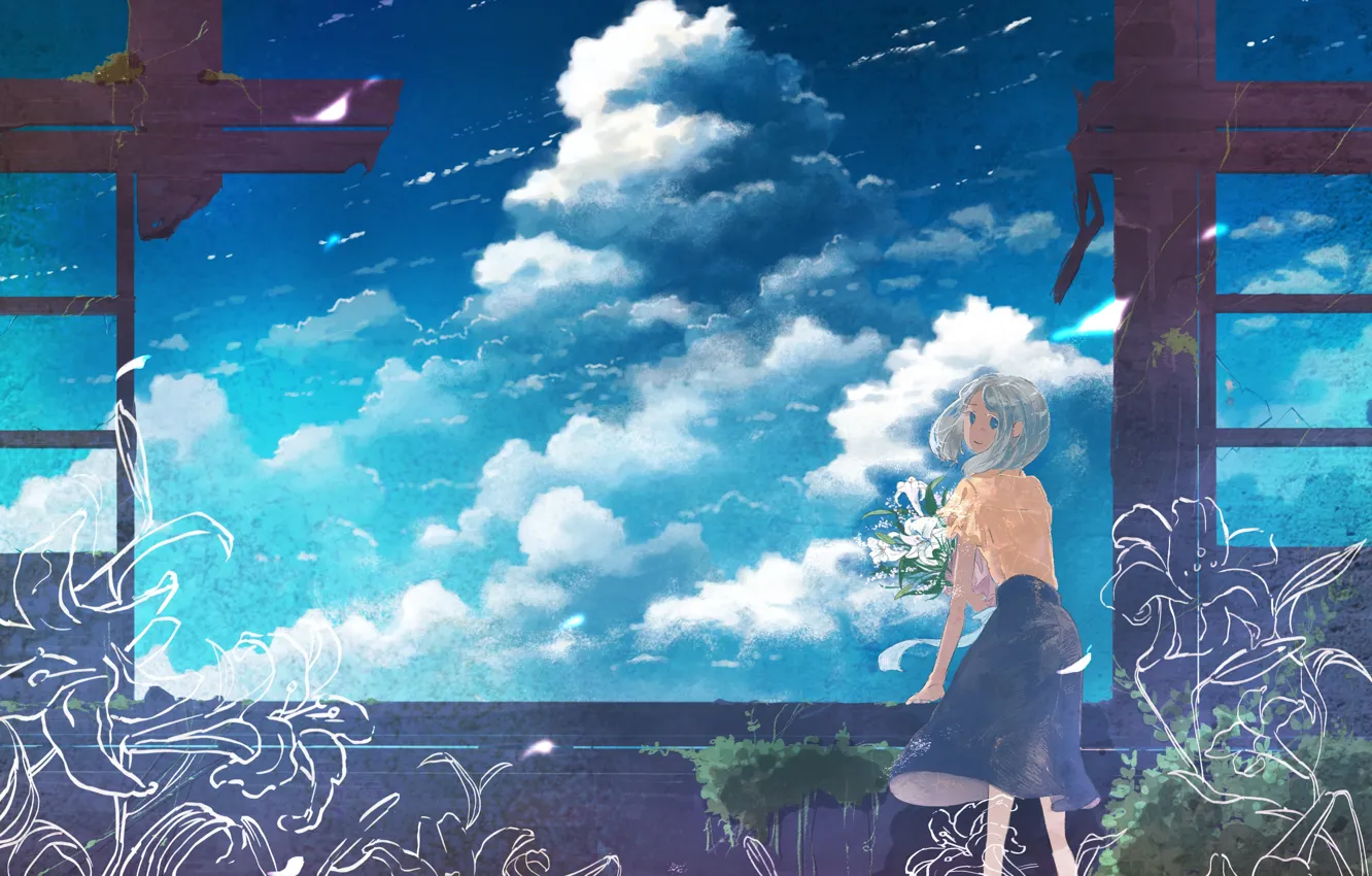 Фото обои небо, девушка, цветы, заброшенный дом, K.Hati