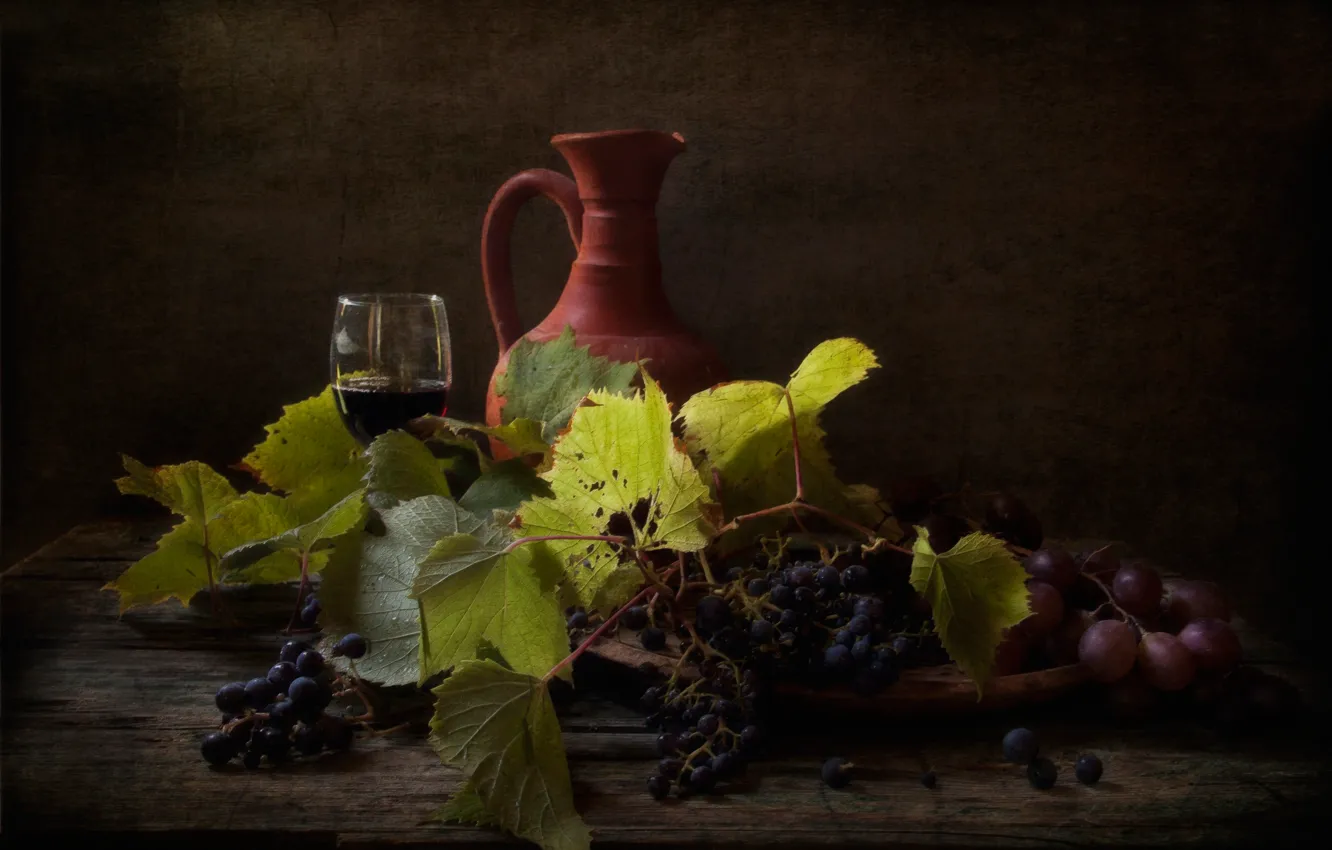 Фото обои вино, виноград, кувшин, натюрморт