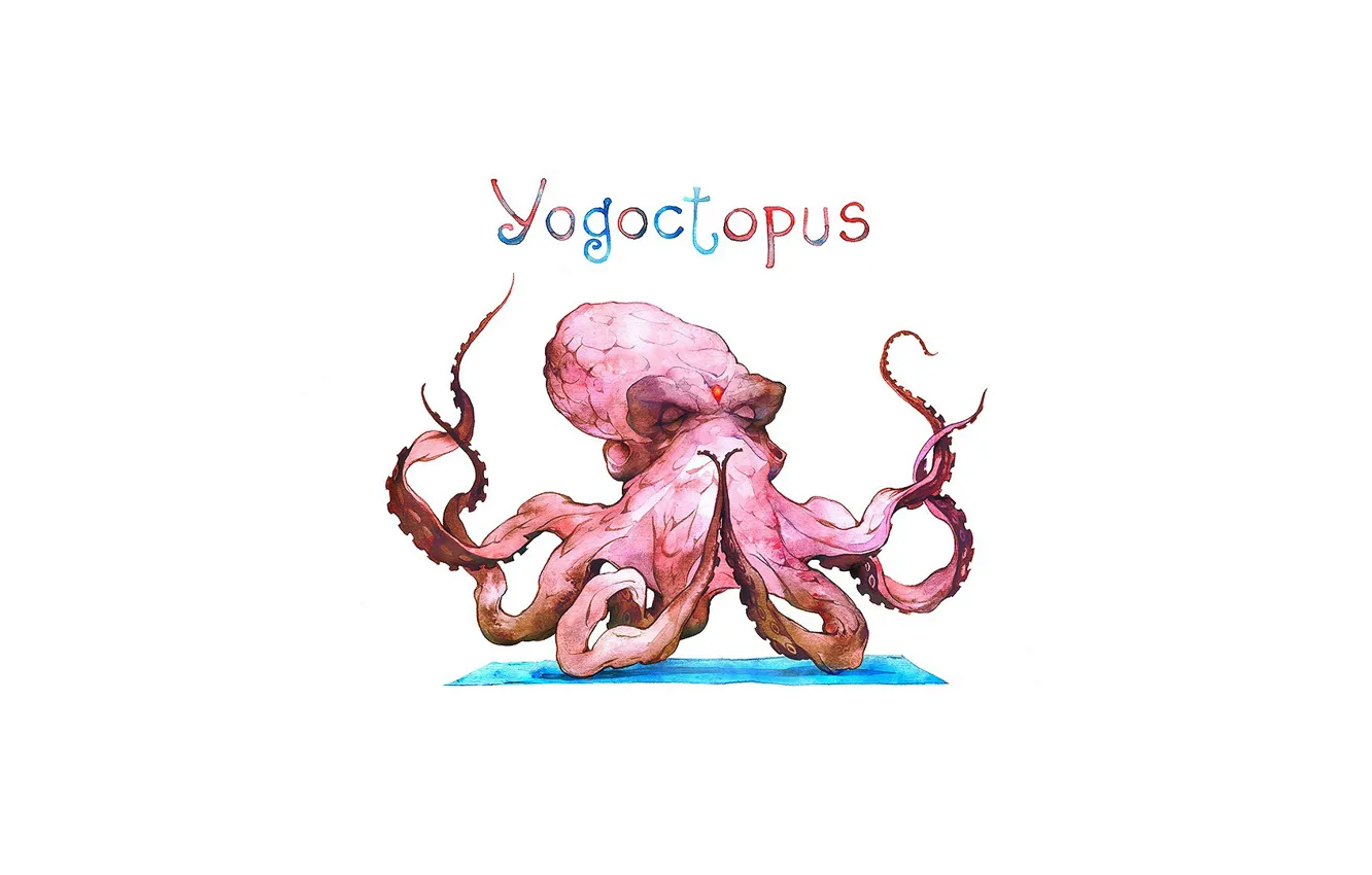 Фото обои minimalism, Octopus, yoga, humor, white background, humoristic, simple background, yogoctopus
