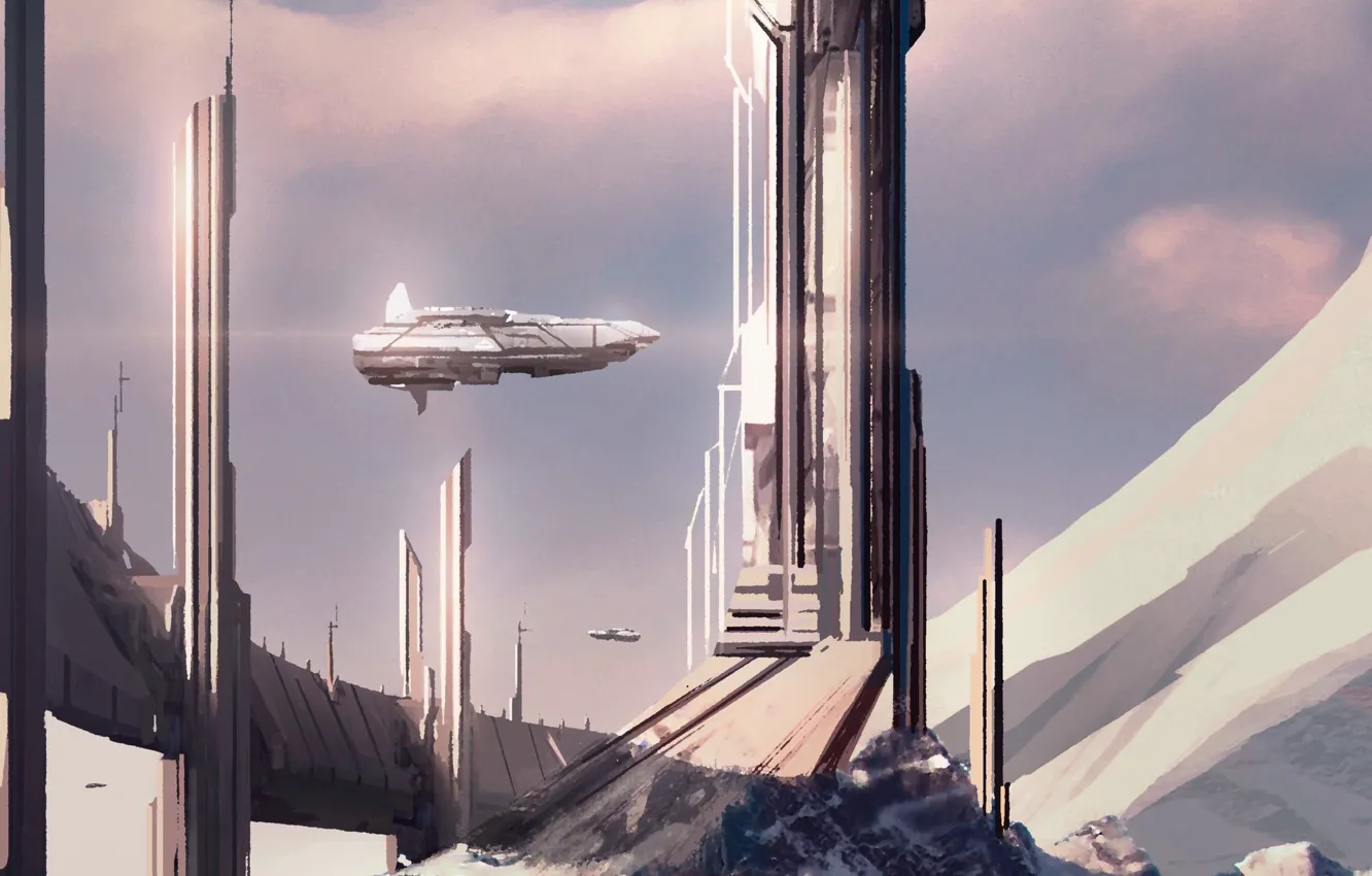 Фото обои горы, башня, летательный аппарат, base number 3, quick sketch