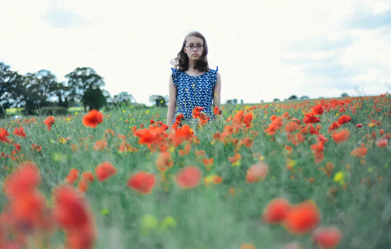 Фото обои поле, цветы, маки, девочка
