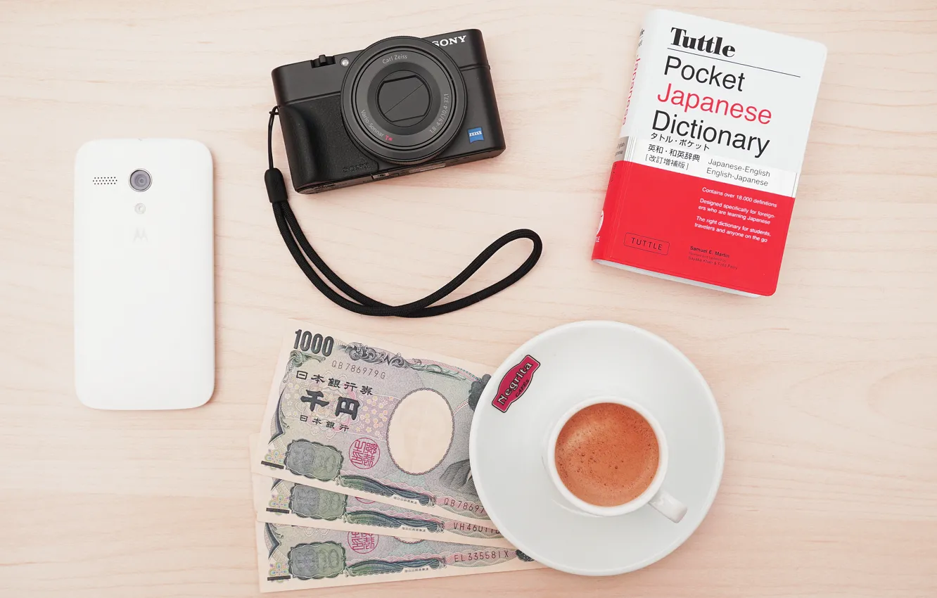 Фото обои кофе, деньги, камера, словарь, фотоаппарат, чашка, Sony, капучино