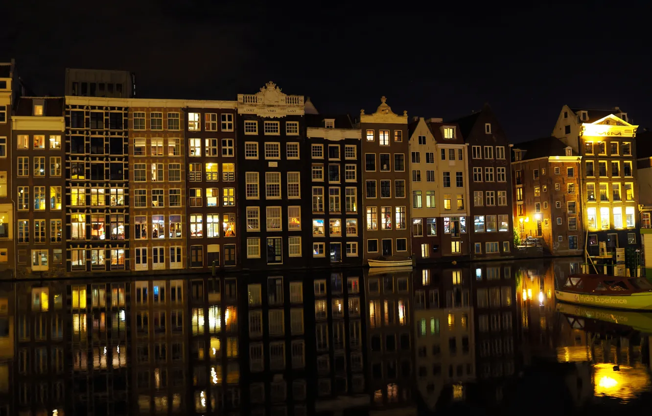 Фото обои Ночь, Канал, Амстердам, Здания, Нидерланды, Amsterdam, Night, Netherlands
