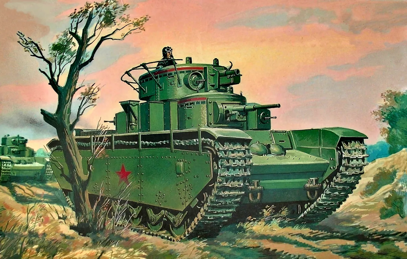 Фото обои Дерево, СССР, Красная Армия, Танк прорыва, Т-35, Тяжёлый Танк, пятибашенный, Танкист