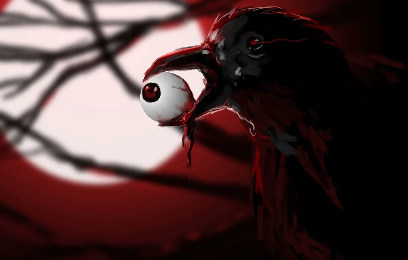 Фото обои глаз, птица, кровь, арт, ворон, глазное яблоко