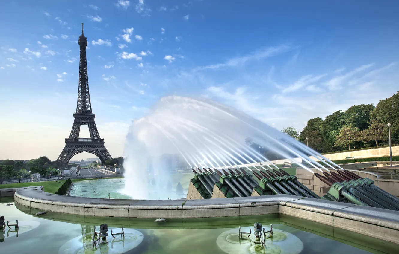 Фото обои Париж, Paris, фонтаны, France, Елисейские поля, Eiffel Tower