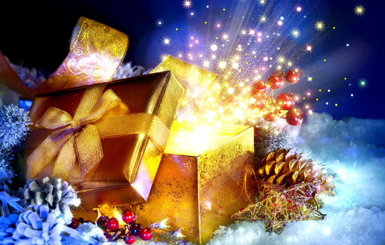 Фото обои снег, коробка, подарок, Новый Год, Рождество, Christmas, New Year, decoration