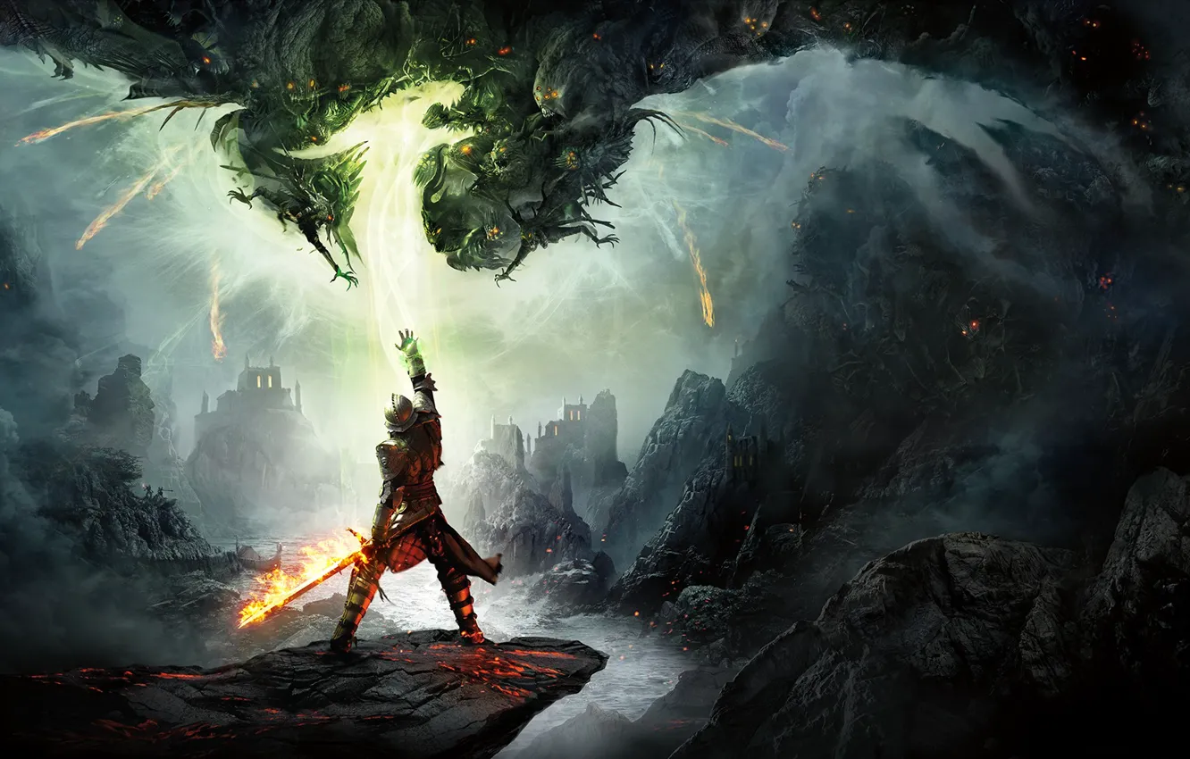 Фото обои горы, магия, игра, меч, доспехи, воин, BioWare, Electronic Arts