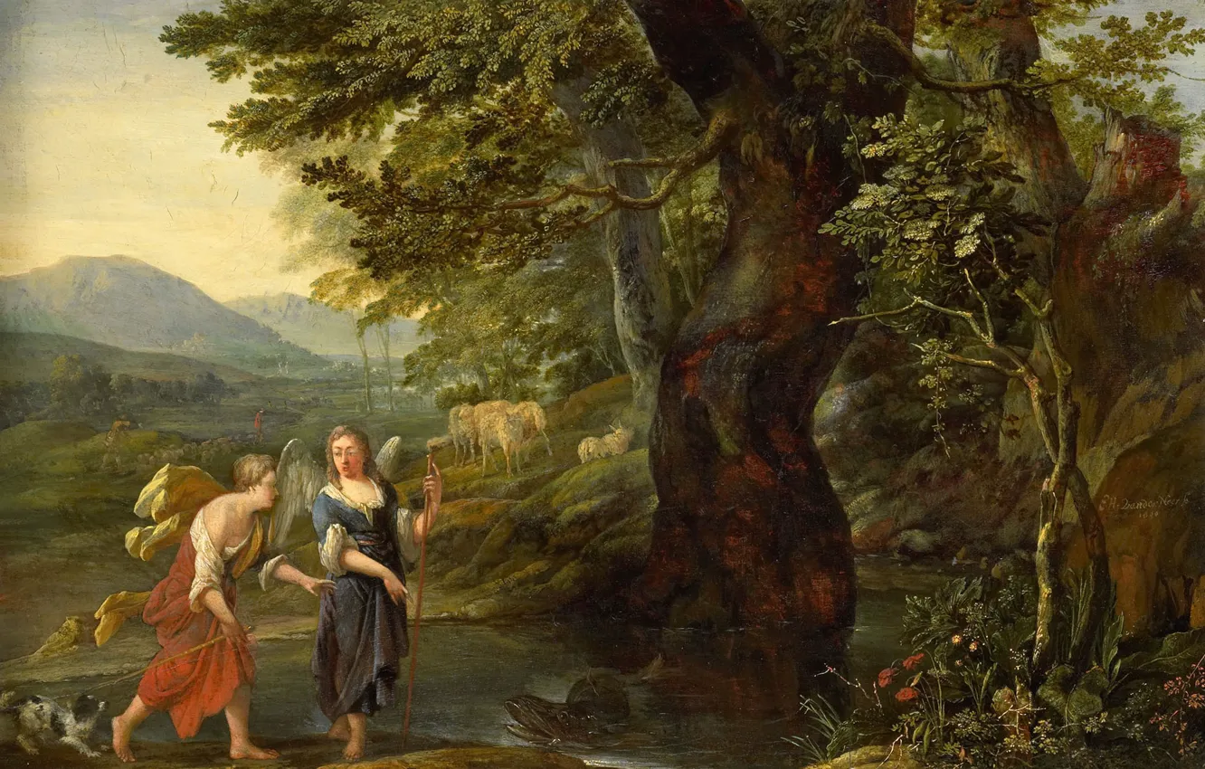Фото обои масло, картина, мифология, 1690, Тобиас и Ангел, Eglon Hendrick van der Neer, Эглон Хендрик ван …
