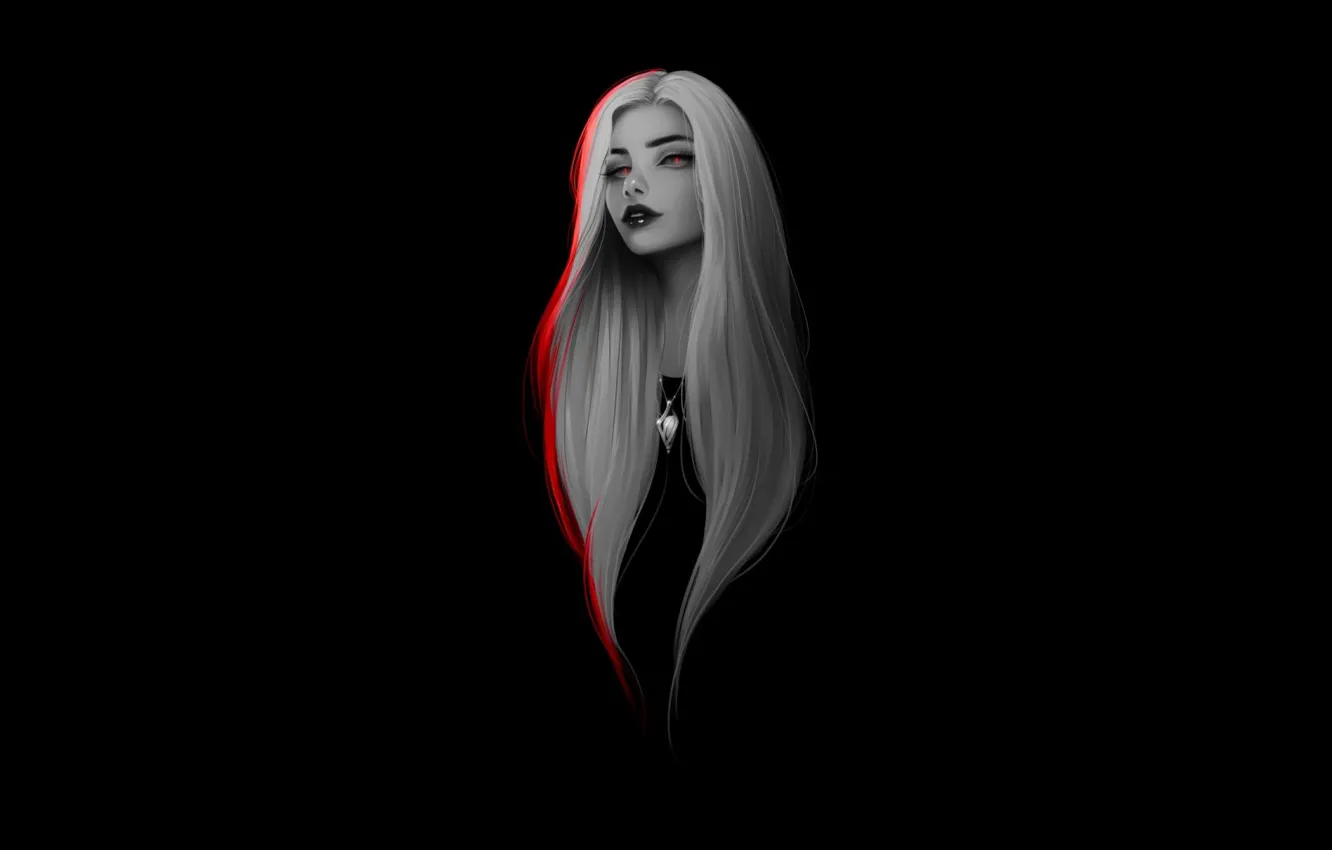 Фото обои Girl, dark, long hair, minimalism, red eyes, artwork, black background, necklace