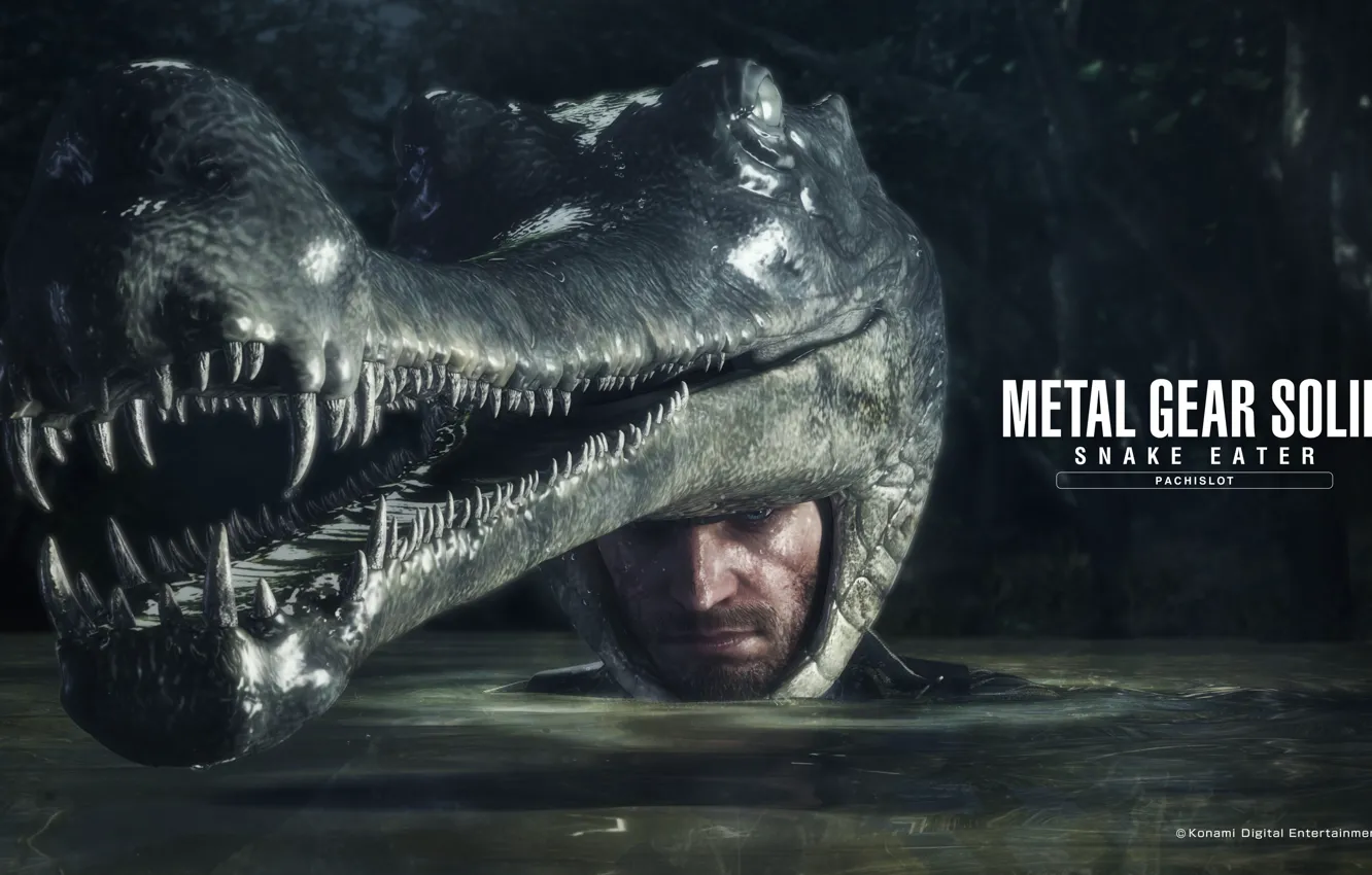 Фото обои вода, маска, шлем, камуфляж, MGS, аллигатор, Metal Gear Solid 3: Snake Eater, big boss
