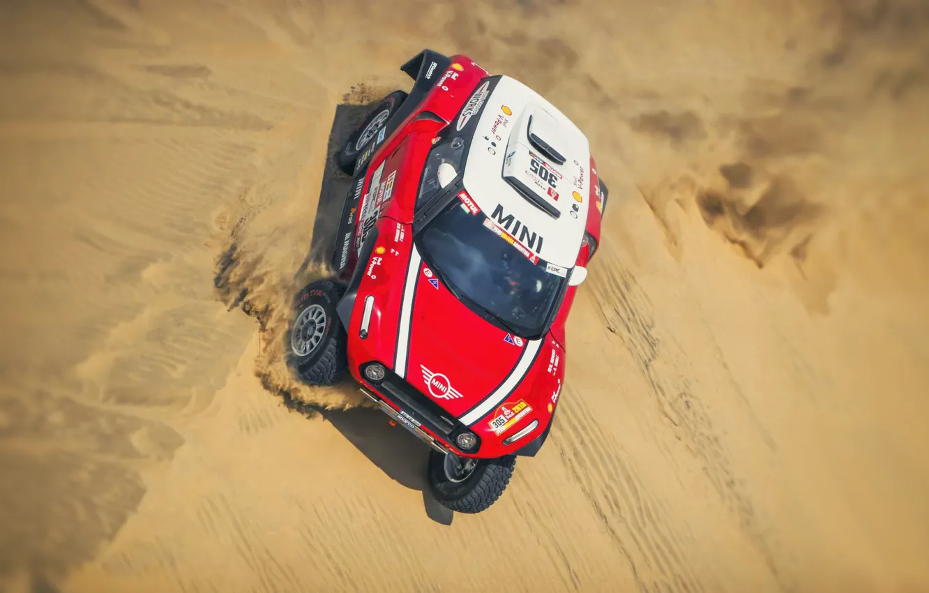 Фото обои Песок, Красный, Mini, Спорт, Пустыня, Скорость, Rally, Dakar