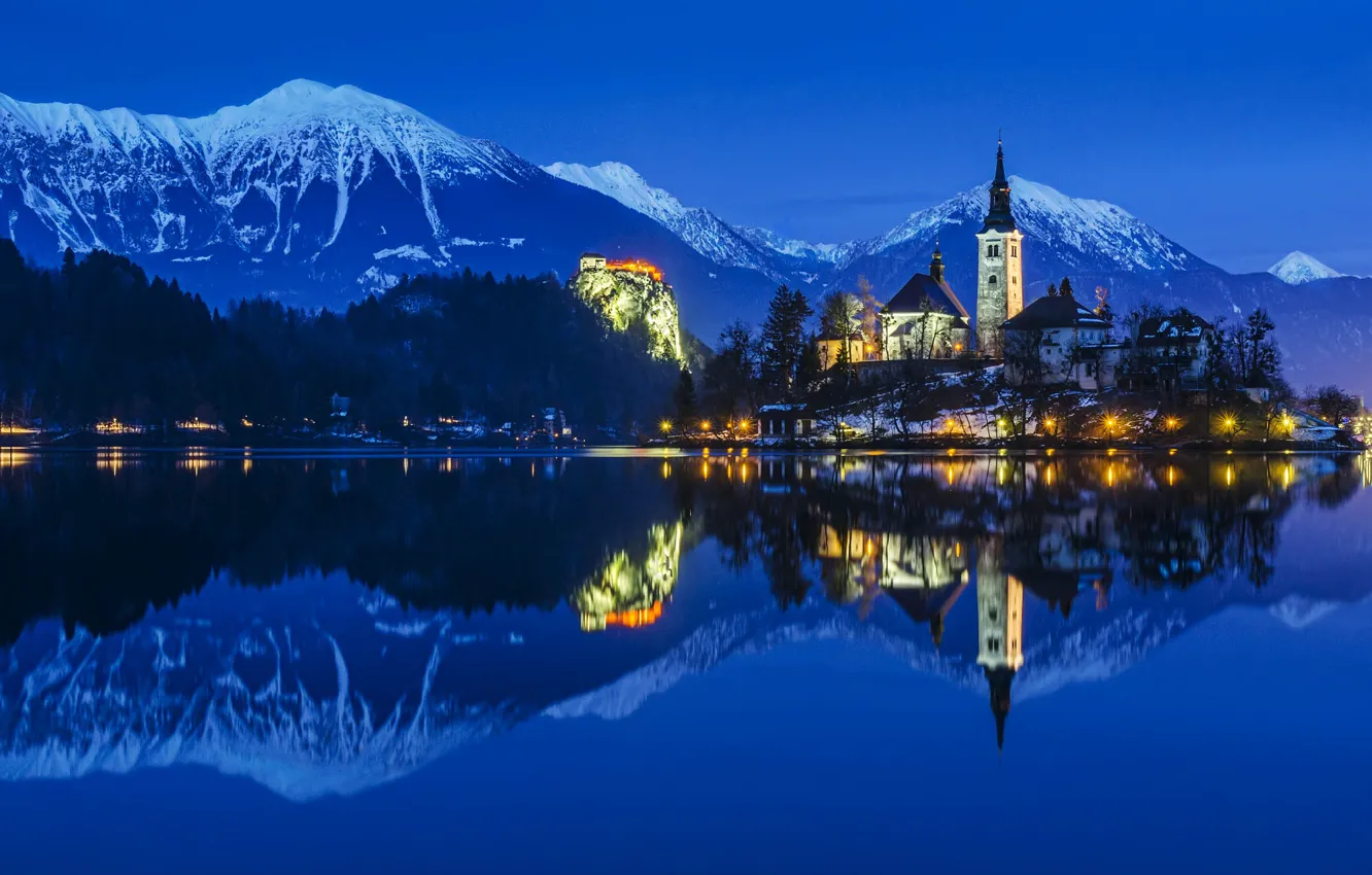Фото обои пейзаж, горы, ночь, природа, озеро, отражение, освещение, Альпы