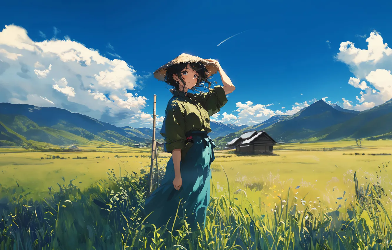 Фото обои sky, field, landscape, anime, mountains, clouds, digital art, artwork