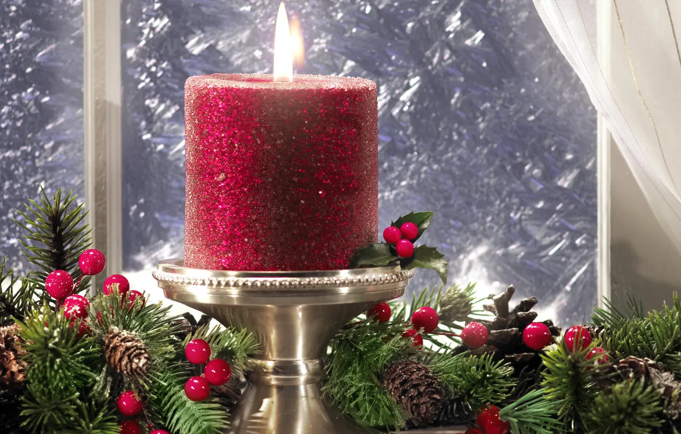 Фото обои украшения, пламя, праздник, узор, свеча, лёд, ветка, окно