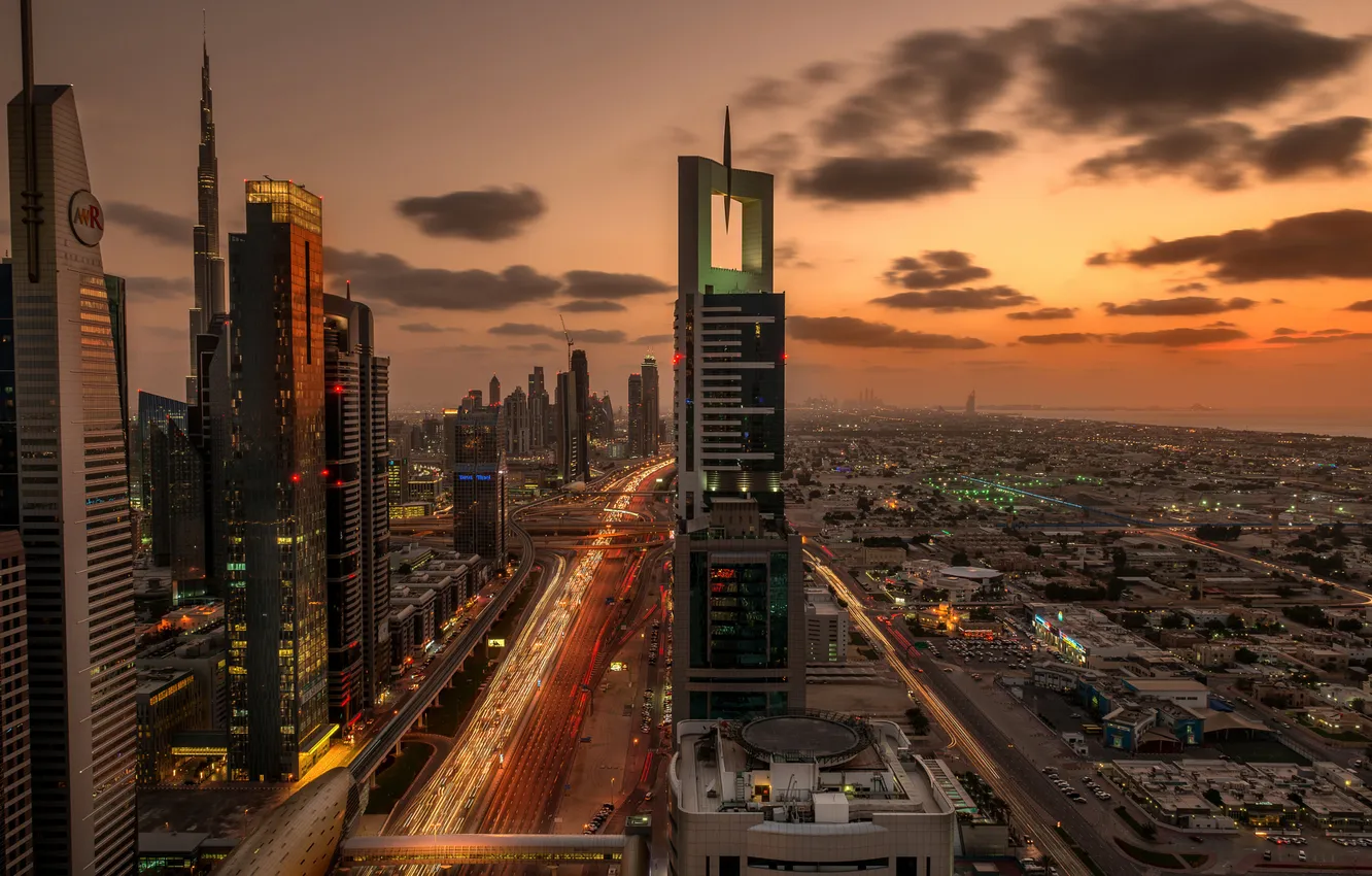 Фото обои город, огни, дома, вечер, выдержка, Дубай, Dubai, ОАЭ