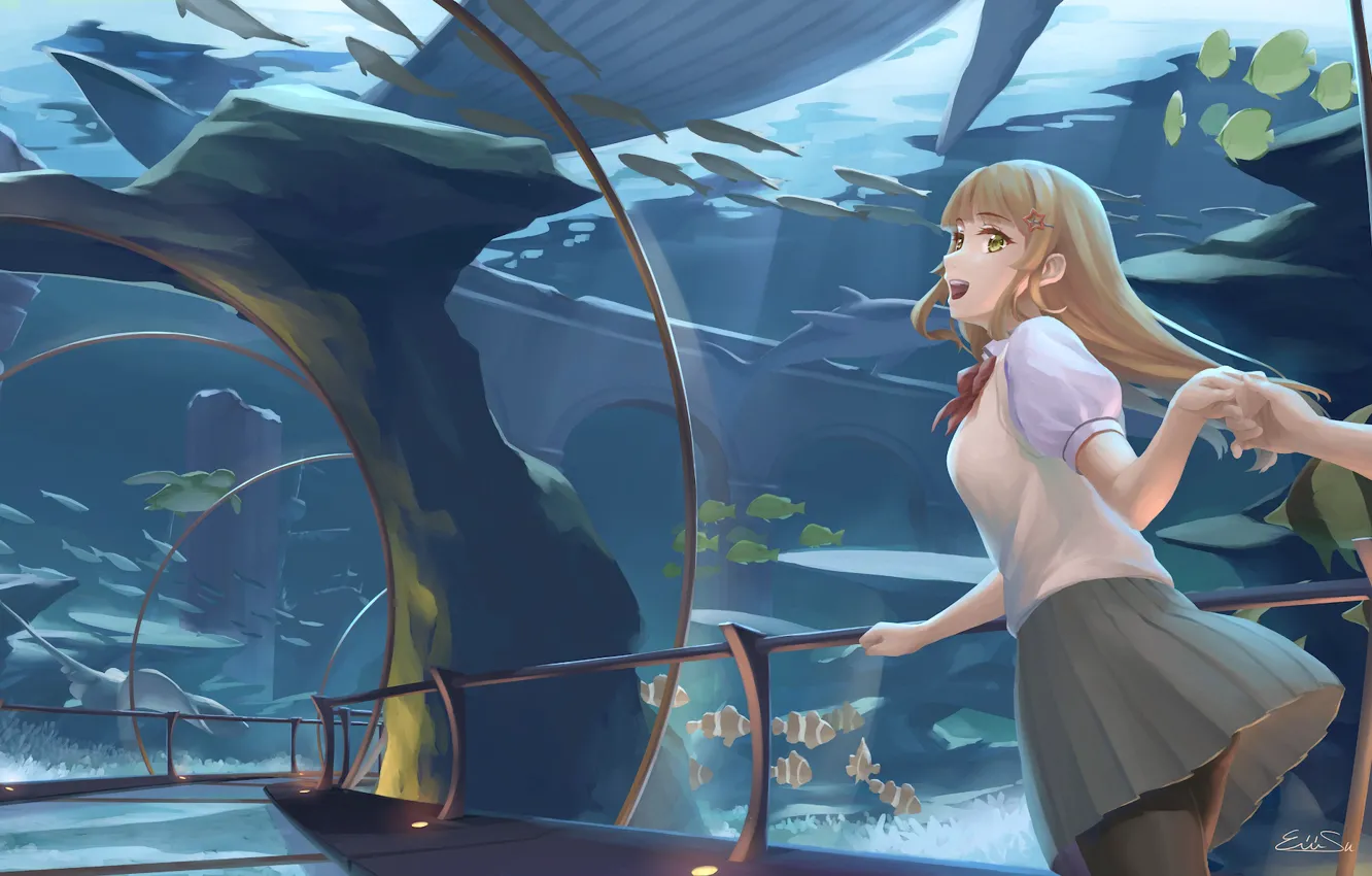 Фото обои девушка, рыбы, аквариум, океанариум