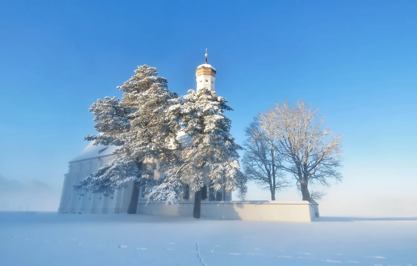 Фото обои зима, снег, туман, храм