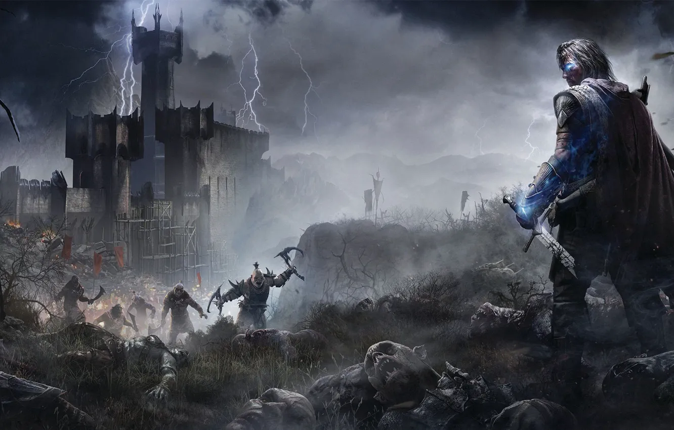 Фото обои гроза, туман, магия, меч, воин, призрак, броня, крепость