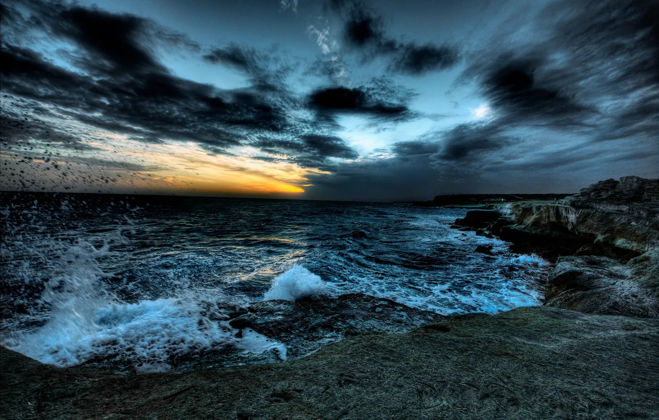 Фото обои море, небо, облака, пейзаж, закат, природа