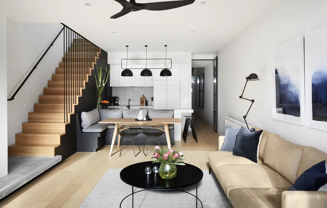 Фото обои дизайн, стиль, интерьер, Австралия, кухня, лестница, камин, Melbourne