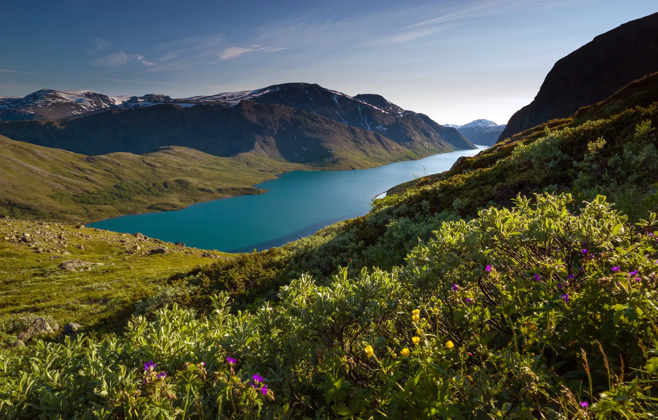 Фото обои горы, Норвегия, Norway, хребет Бессегген, Lake Gjende, Besseggen, озеро Гьенде
