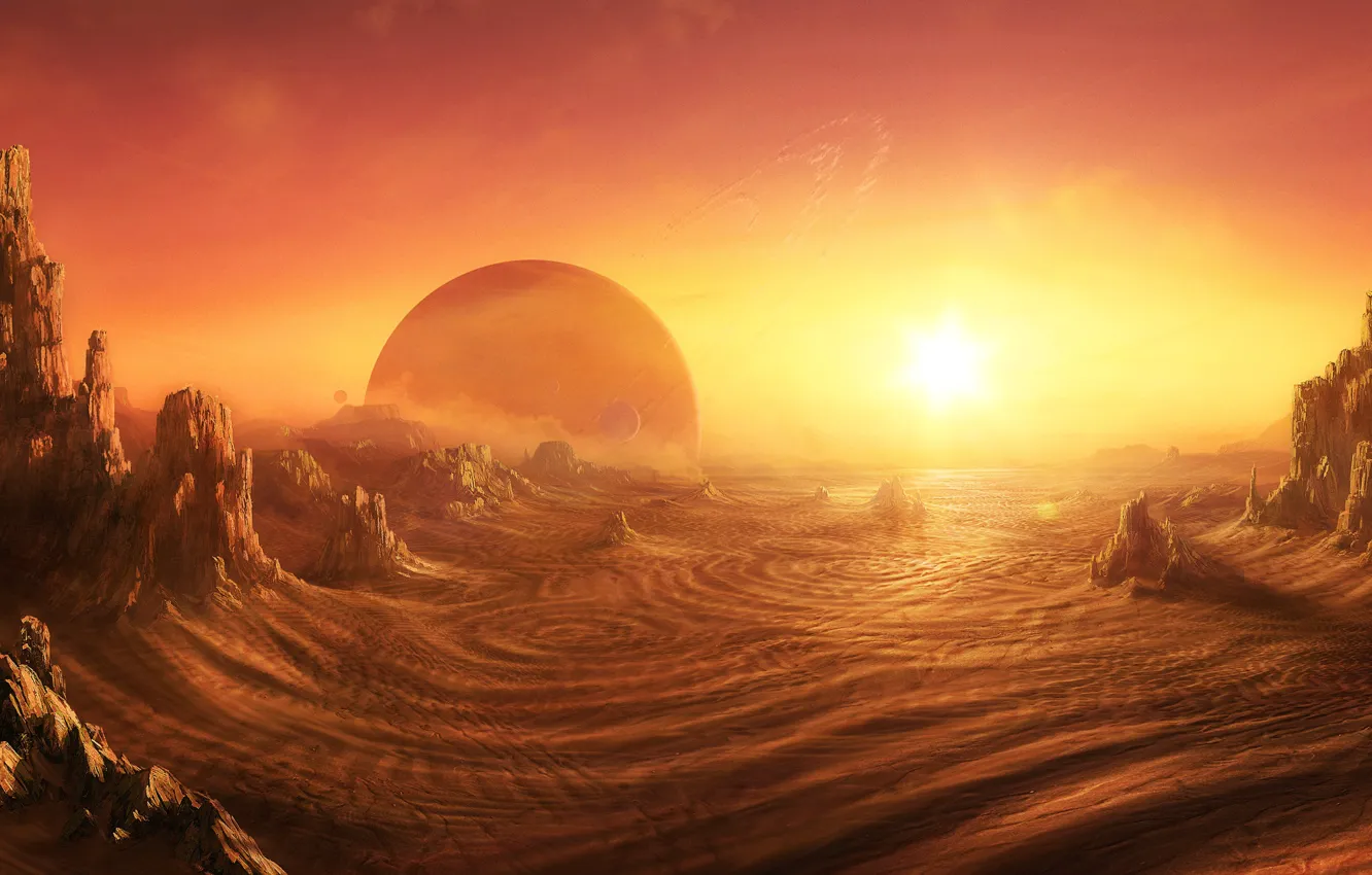 Фото обои Пустыня, sunrise on alien planet, Daniel Kvasznicza