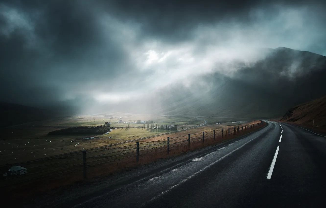 Фото обои дорога, горы, туман