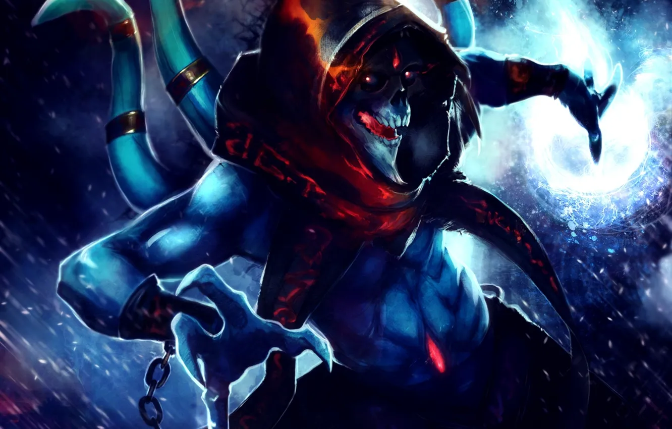 Фото обои арт, скелет, капюшон, руны, Dota 2, Ethreain, Lich, Gemmaqw