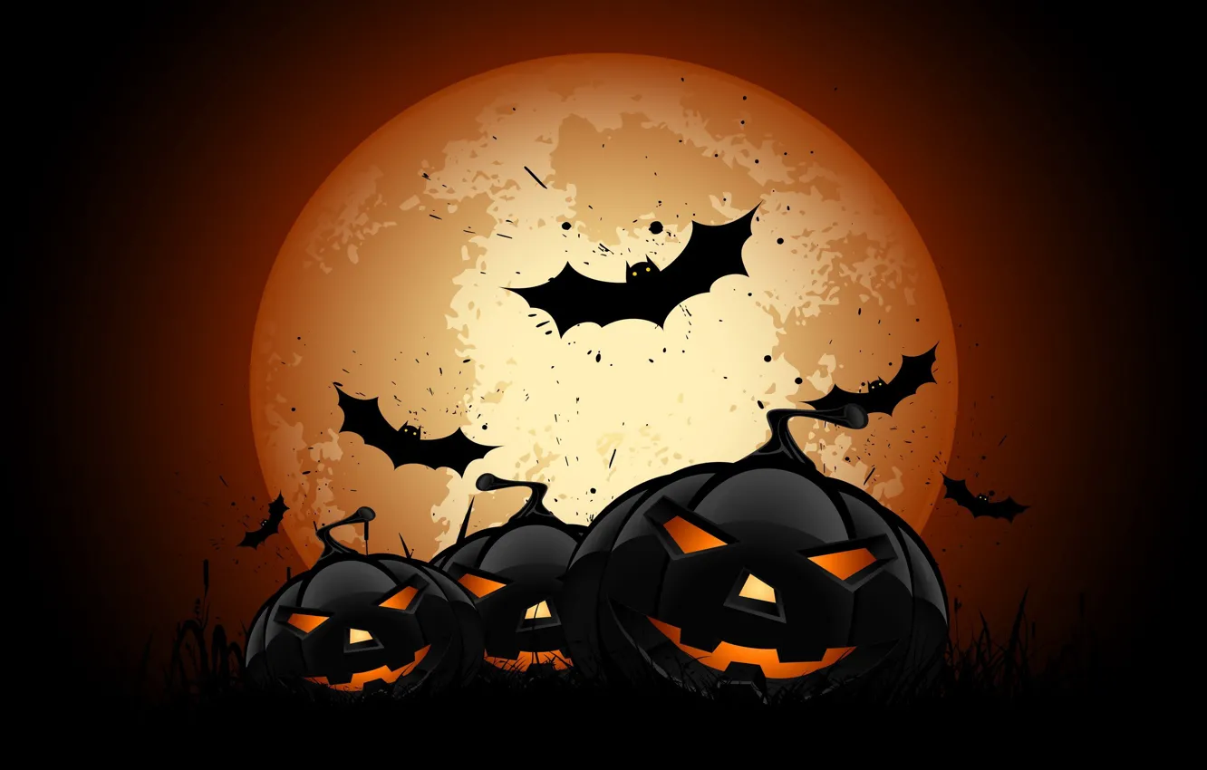 Фото обои vector, Halloween, moon, night, bats, pumpkins, full moon, scary
