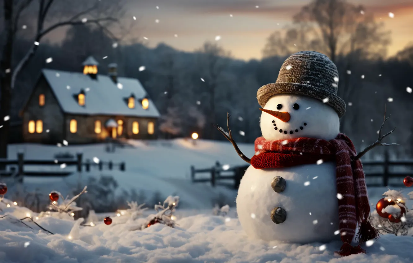 Фото обои зима, снег, Рождество, Новый год, снеговик, ИИ-арт, нейросеть