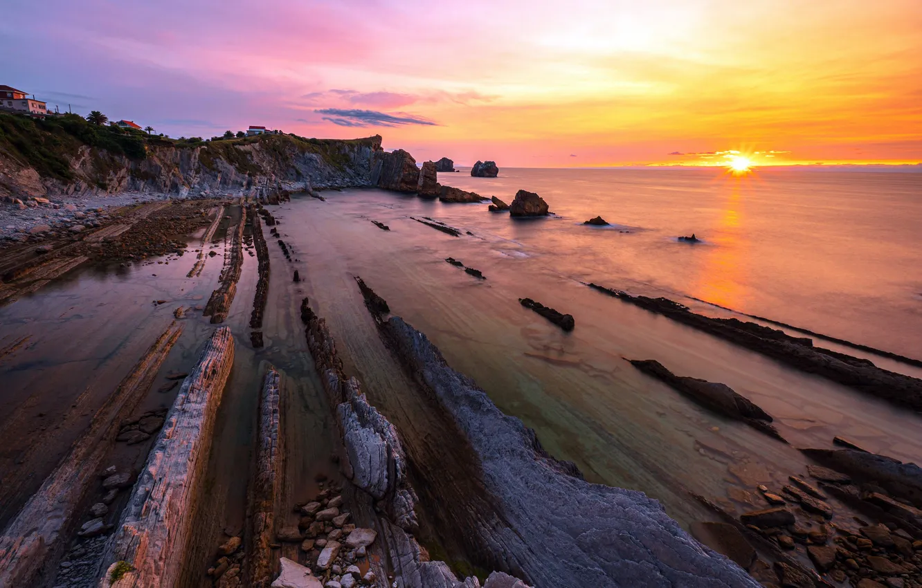Фото обои Закат, Скалы, Испания, Sunset, Spain, Rocks, River bank, Берег реки