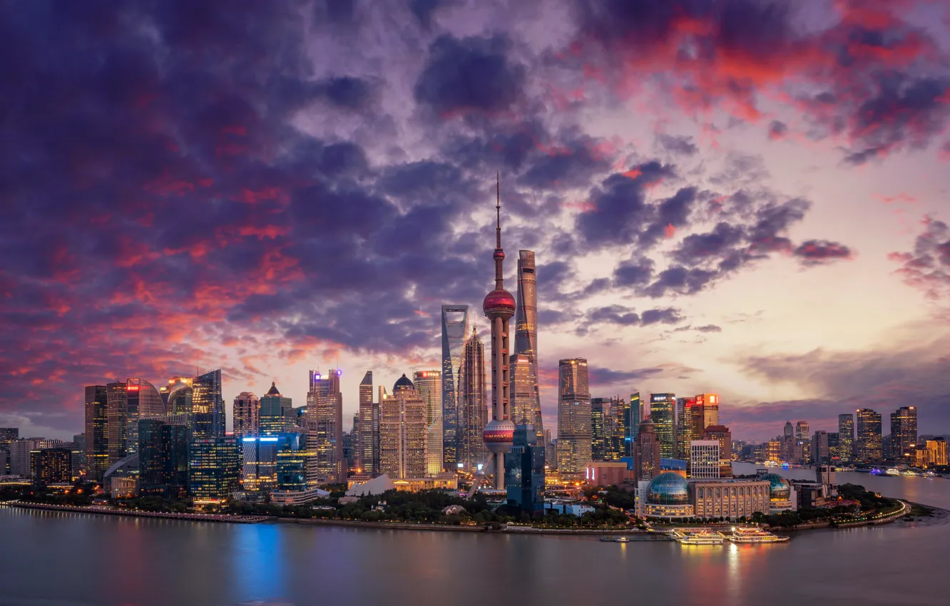 Фото обои река, China, здания, дома, панорама, Китай, Shanghai, Шанхай