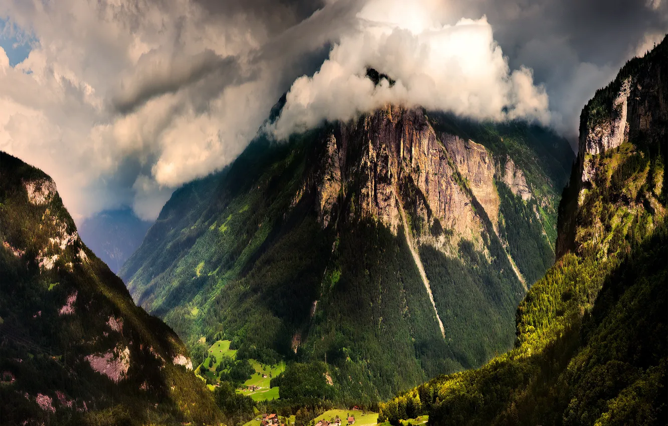 Фото обои лес, горы, тучи, вид, дома, Швейцария, долина, ущелье