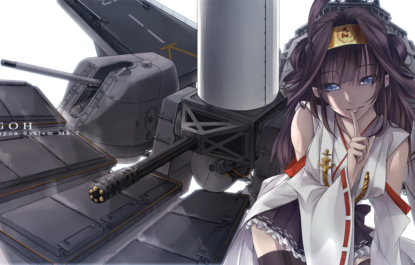 Фото обои взгляд, девушка, улыбка, оружие, жест, art, kantai collection, kongou