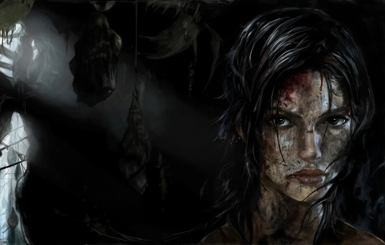 Фото обои девушка, кровь, грязь, пещера, кокон, tomb raider, Lara Croft, A Survivor Is Born
