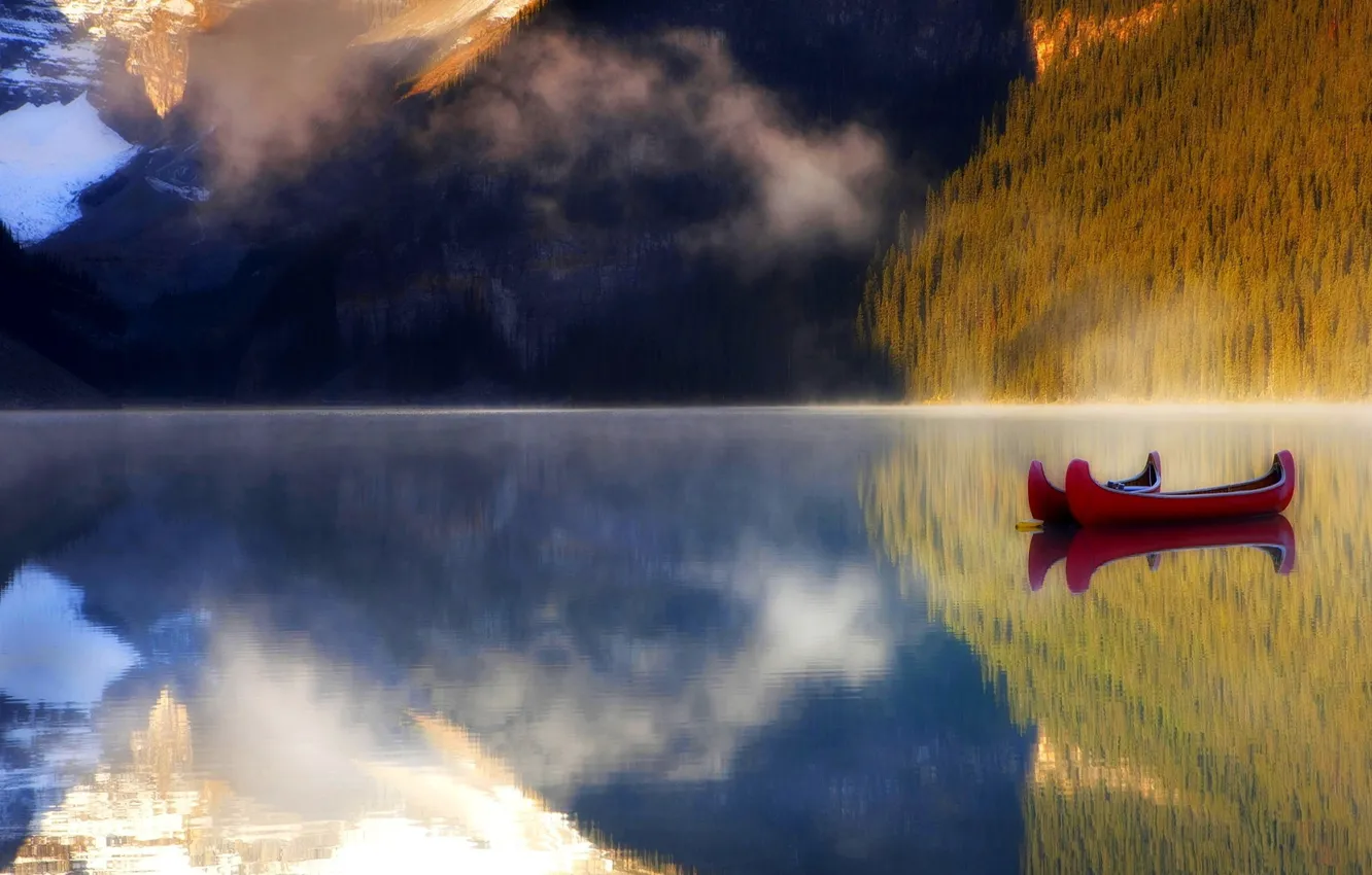 Фото обои mountains, lake, reflection, boats