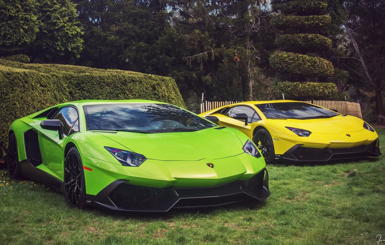 Фото обои Трава, Lamborghini, Деревья, Ламборджини, Кусты, Green, Yellow, Aventador
