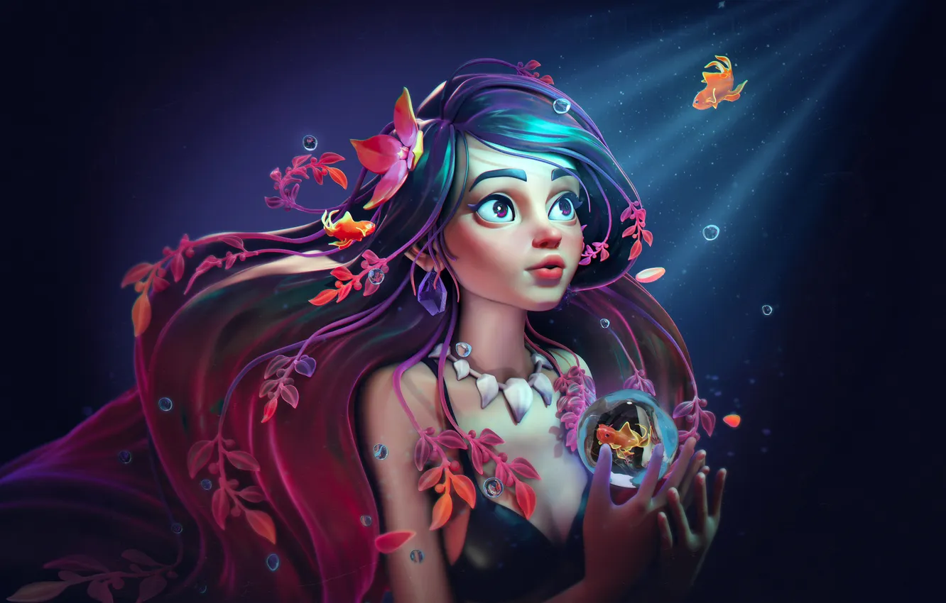 Фото обои Fantasy, Underwater, Mermaid, Dream, Surreal, AI art, Fantasy girl, Fantasy artwork