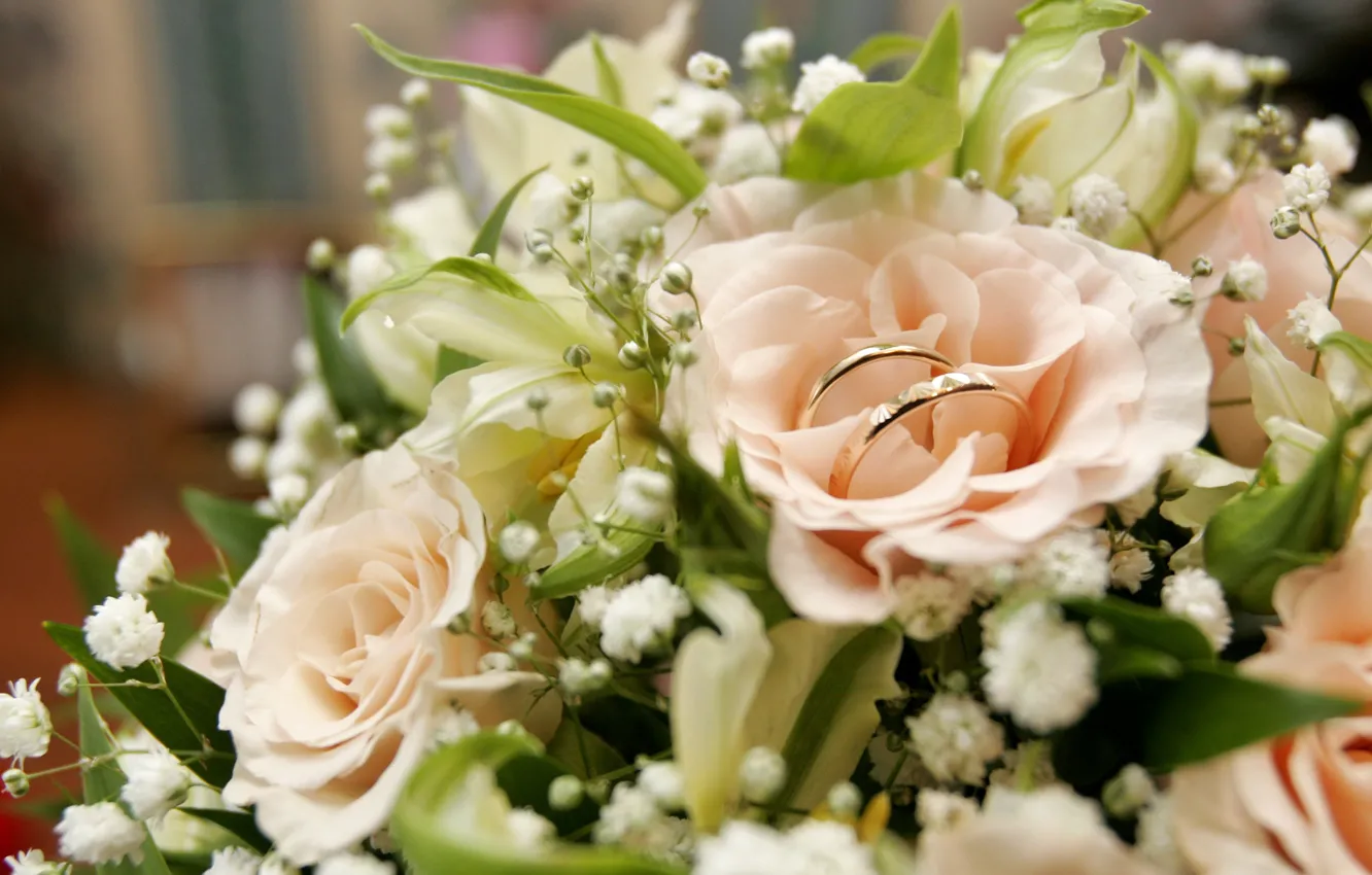 Фото обои розы, букет, Обручальные кольца, свадьба