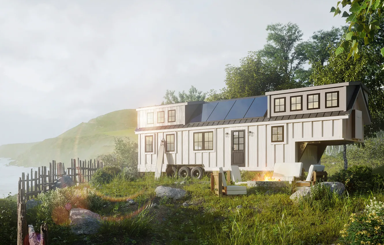 Фото обои горы, ограда, водоем, прицеп, Tiny home