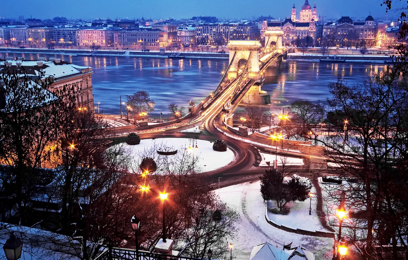 Фото обои зима, мост, город, река, здания, Будапешт