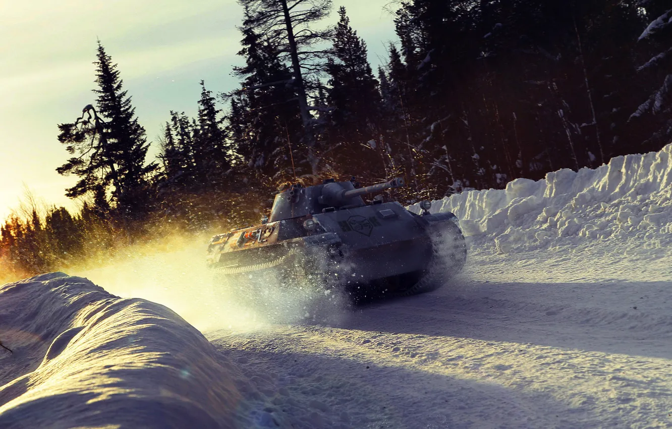Фото обои зима, снег, закат, занос, арт, танк, танки, Leopard