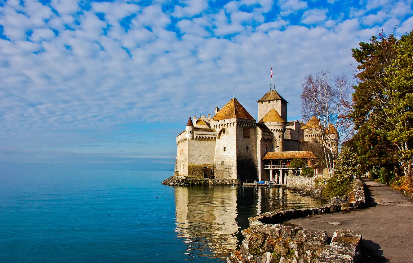 Фото обои небо, облака, озеро, замок, башня, Швейцария, Шильйон