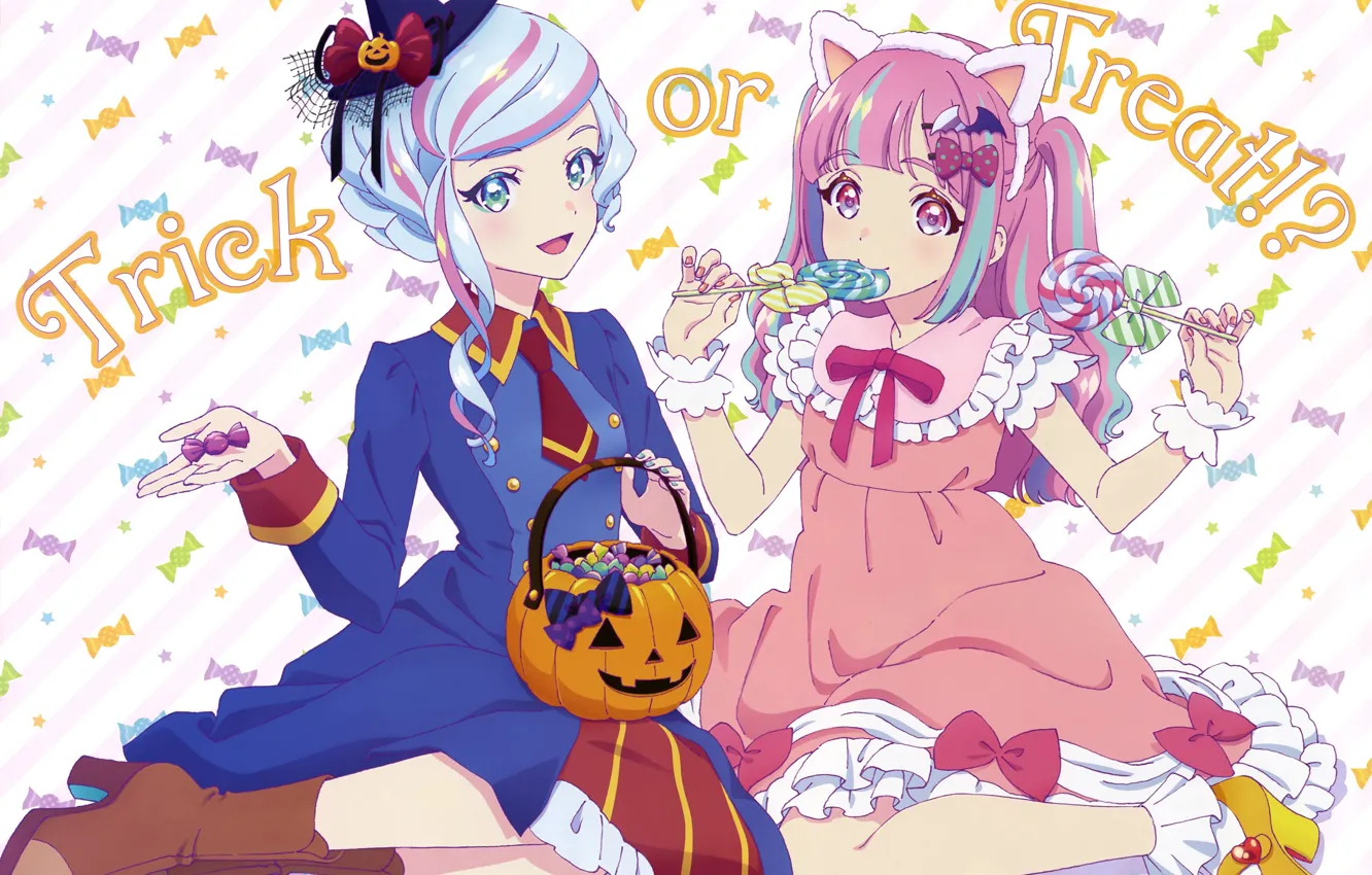 Фото обои Halloween, бантики, конфетки, розовое платье, леденец на рабочий стол, две девочки, Trick 'r Treat, тыква …