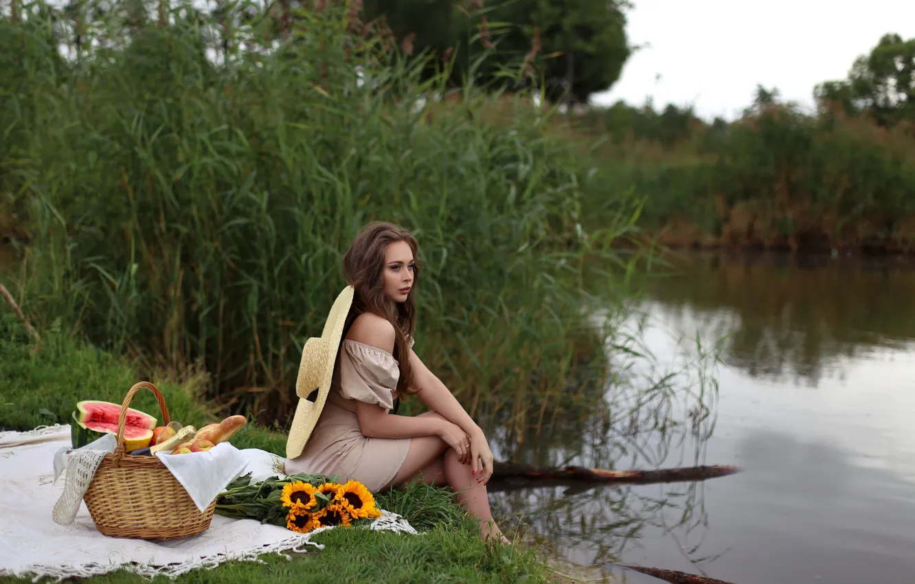 Фото обои девушка, арбуз, платье, ножки, Евгения Пятницкая