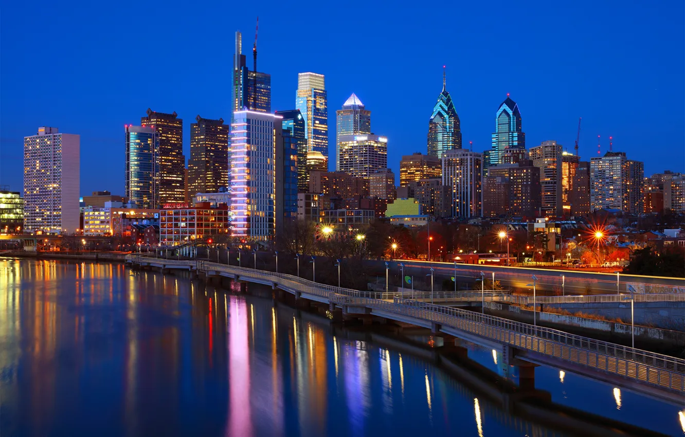 Фото обои ночь, огни, река, США, Филадельфия, Philadelphia